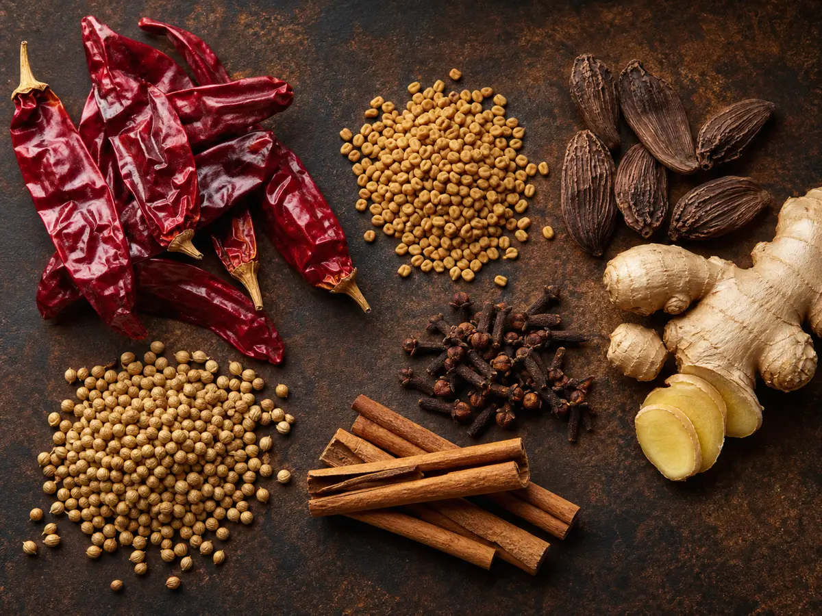 Dried red chiles fenugreek korarima ginger coriander and cloves for berbere