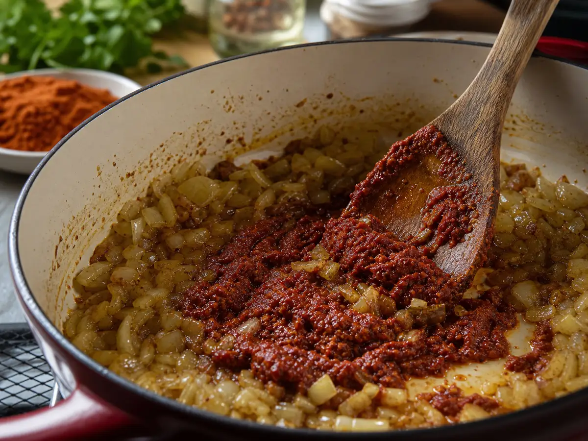 Berbere being stirred into deeply softened onions and spiced butter