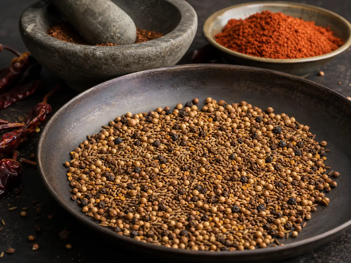 Toasted whole spices being ground beside red chile powder for berbere