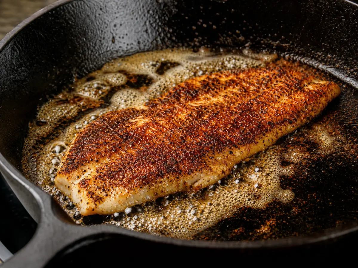 Cajun-seasoned fish searing in a cast iron skillet with a thin blackened crust