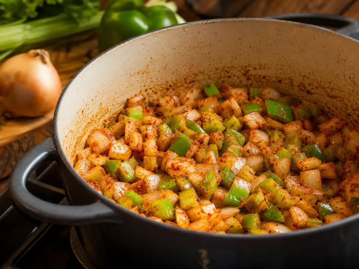 Cajun seasoning stirred into onion celery and bell pepper before broth is added