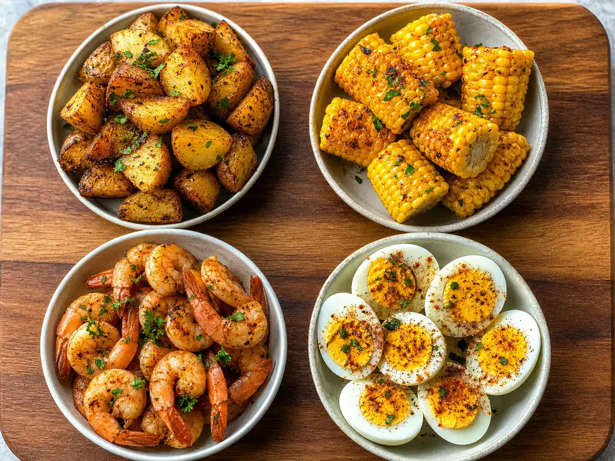 Cajun-seasoned potatoes corn shrimp and eggs arranged as quick test foods