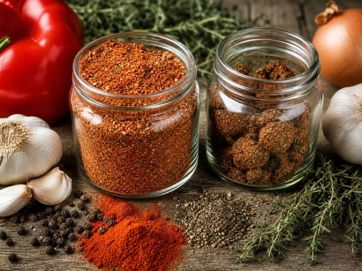 Fresh loose Cajun seasoning beside a faded clumped older sample in jars