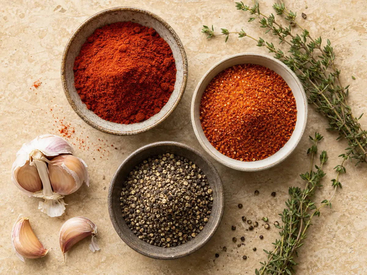 Paprika cayenne and coarse black pepper shown in separate portions for Cajun seasoning