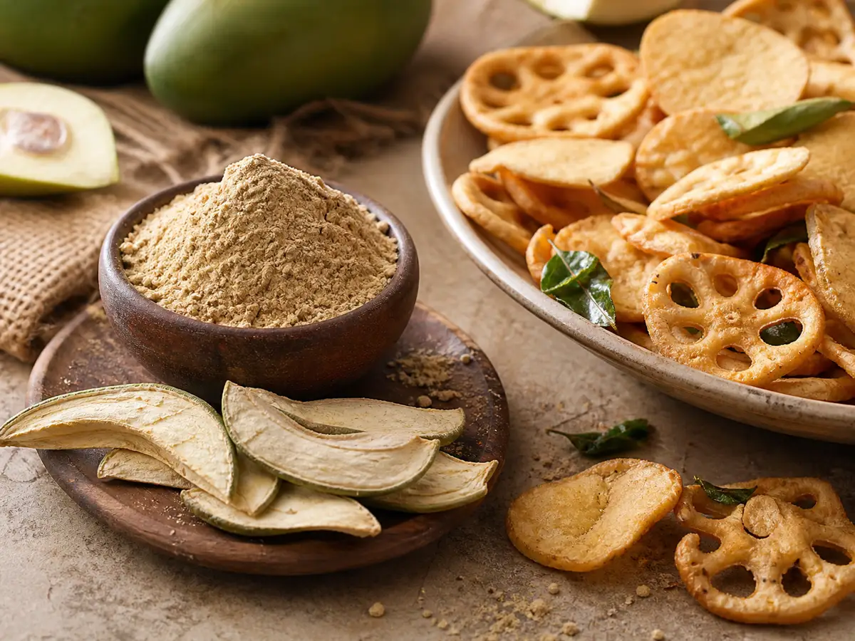 Amchur powder with dried green mango and crisp fried snacks