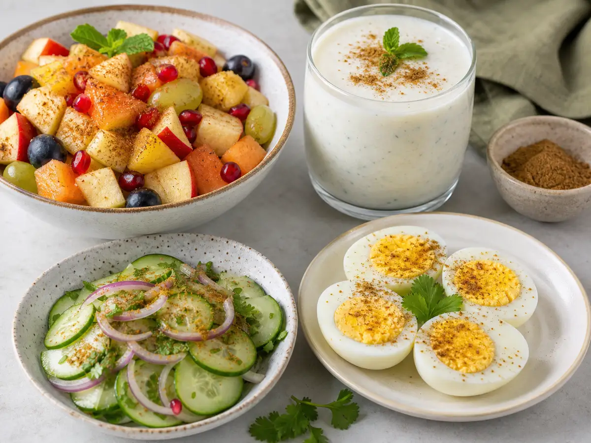 Chaat masala used on fruit salad yogurt drink cucumber and boiled eggs