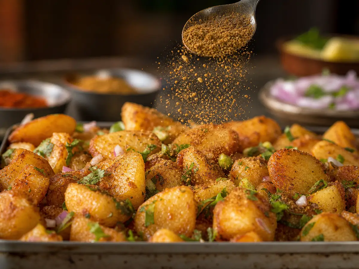 Chaat masala being sprinkled over hot crisp potatoes immediately after frying