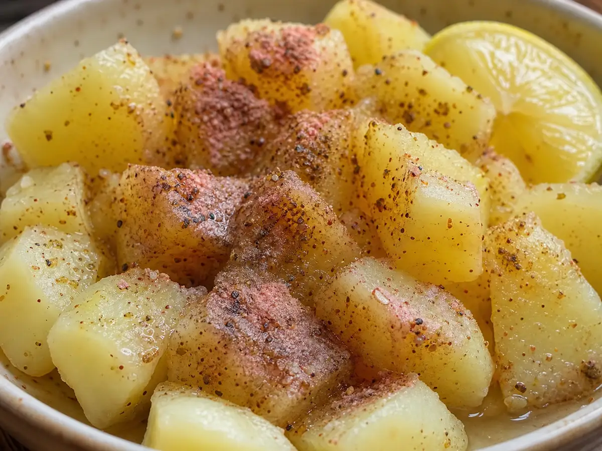 Kala namak and chaat masala sprinkled over warm potatoes with lemon