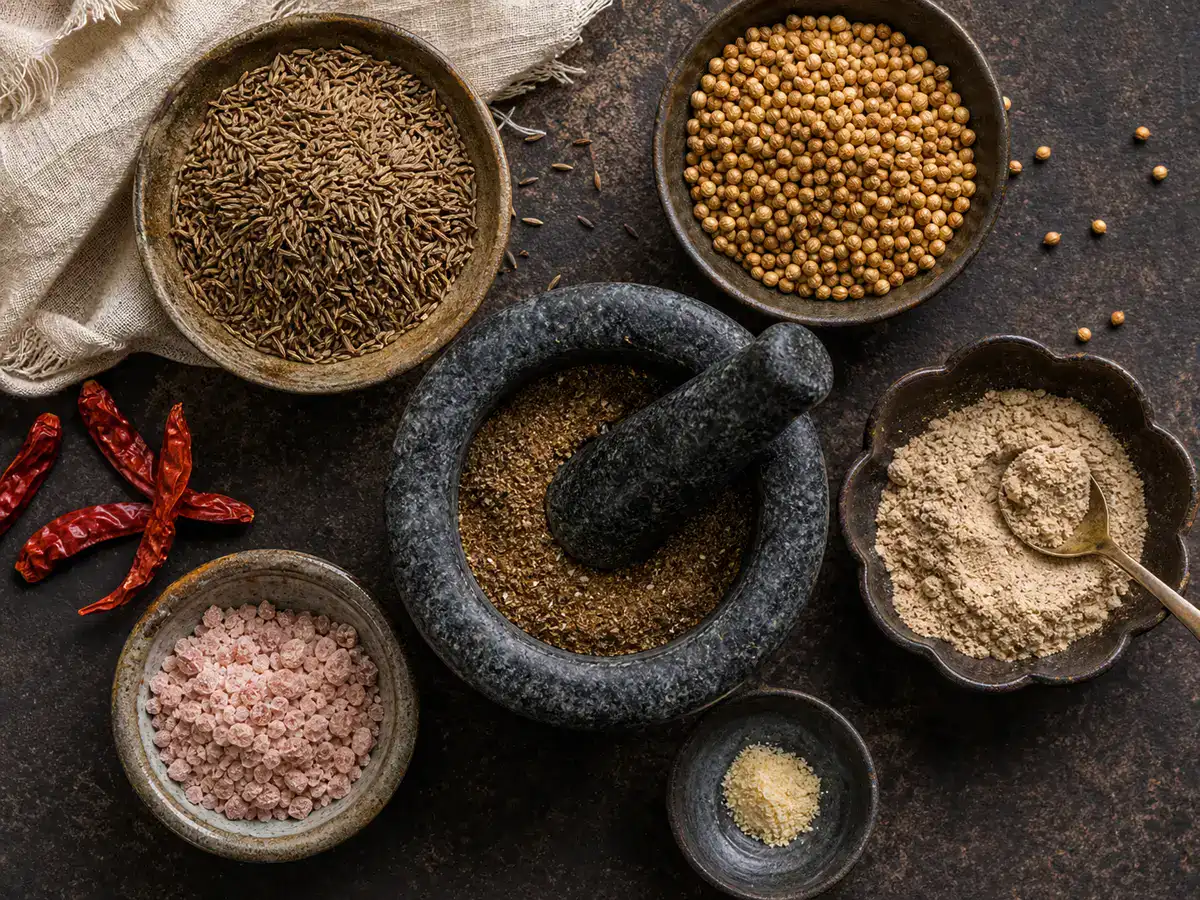 Roasted cumin and coriander being ground beside amchur kala namak and hing