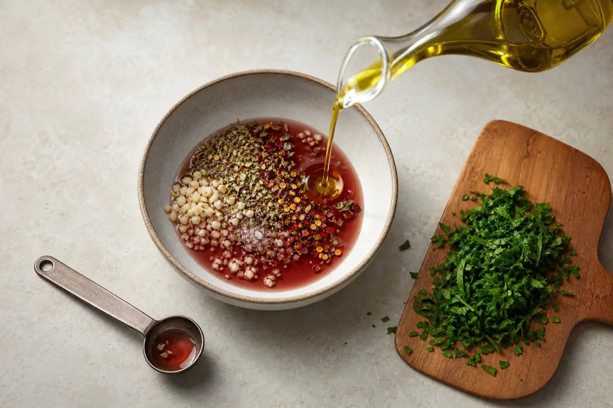 Garlic, oregano, chile, and salt mixed into red wine vinegar before oil joins chopped parsley - balancing chimichurri | KnowTheSpices