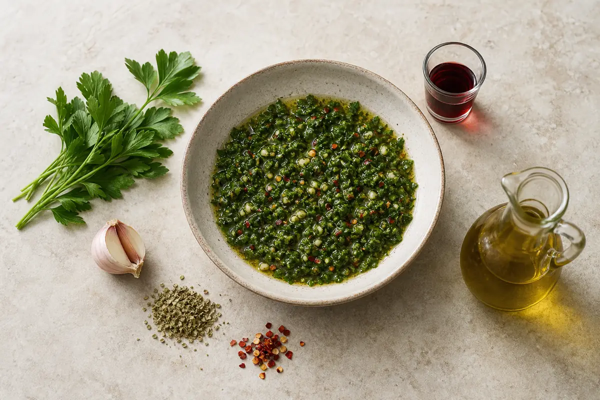 Chopped parsley, oregano, garlic, chile flakes, vinegar, and oil forming loose chimichurri - chimichurri ingredients | KnowTheSpices