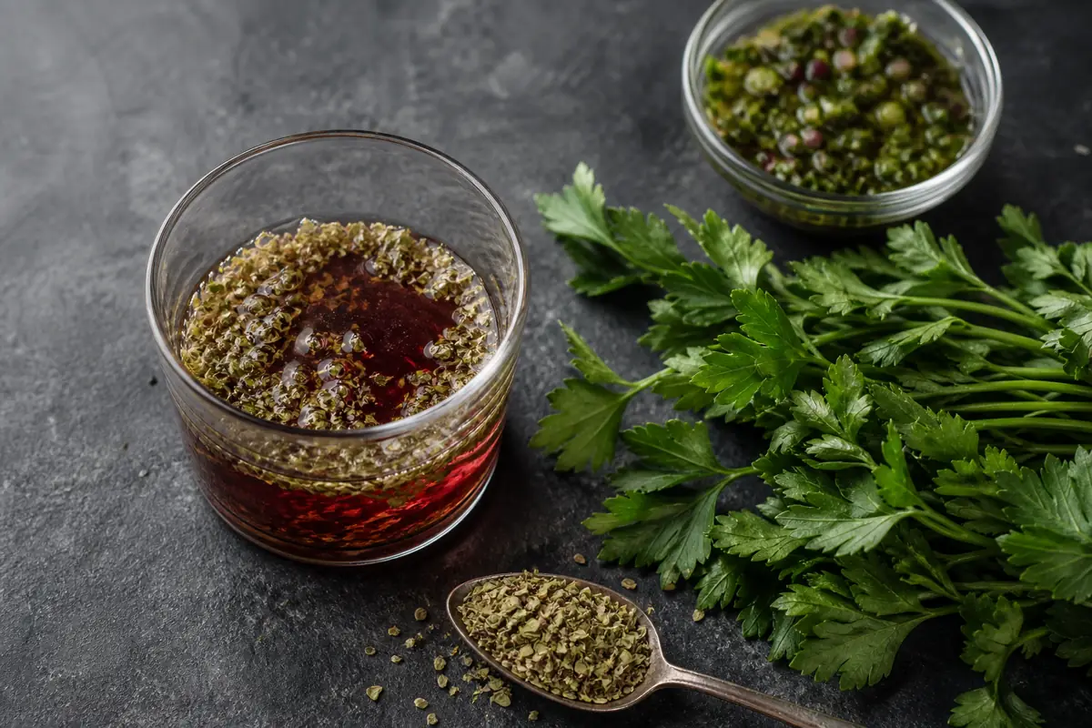 Dried oregano hydrating in red wine vinegar beside chopped fresh parsley - oregano for chimichurri | KnowTheSpices