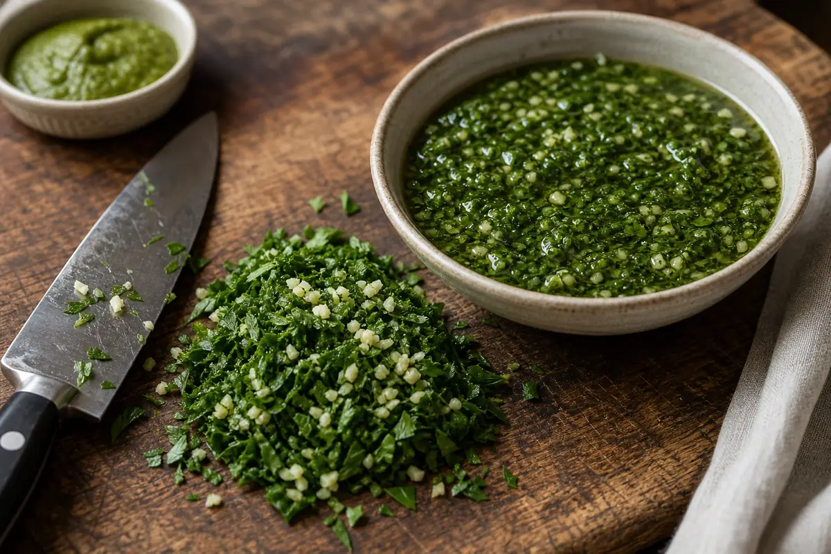 Hand-chopped parsley and garlic beside loose chimichurri with visible herb pieces - chimichurri texture | KnowTheSpices