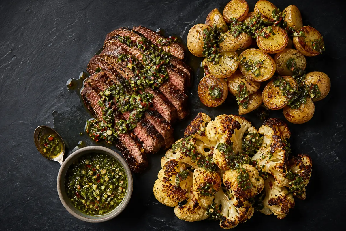 Chimichurri spooned over grilled steak, roasted potatoes, and charred vegetables - foods for chimichurri | KnowTheSpices