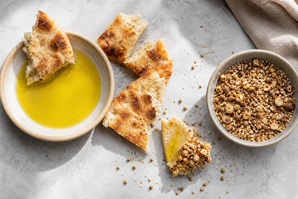 Torn flatbread dipped into olive oil and then coarse dukkah in separate dishes - eating dukkah | KnowTheSpices