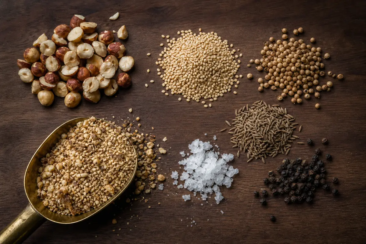 Hazelnuts, sesame, coriander, cumin, pepper, and coarse finished dukkah shown together - dukkah ingredients | KnowTheSpices