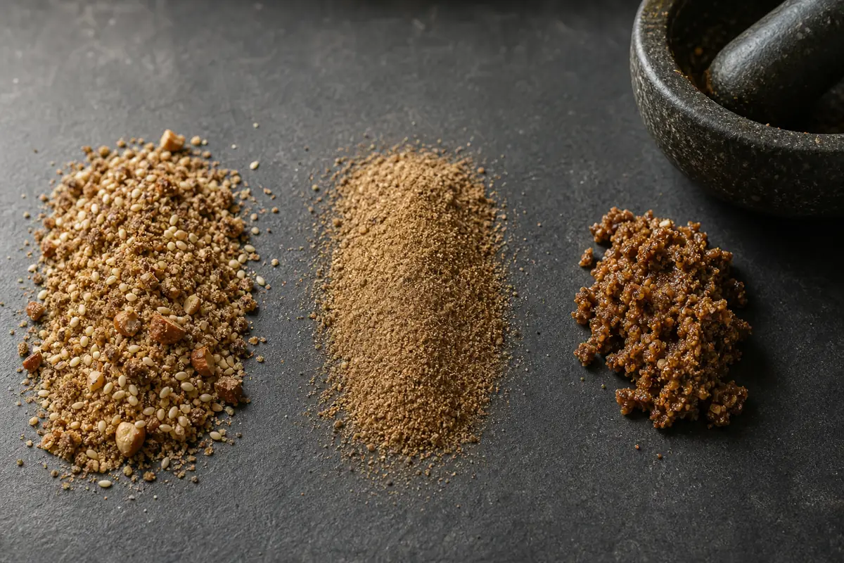 Coarse dukkah crumbs compared with fine powder and oily overprocessed paste - dukkah texture | KnowTheSpices