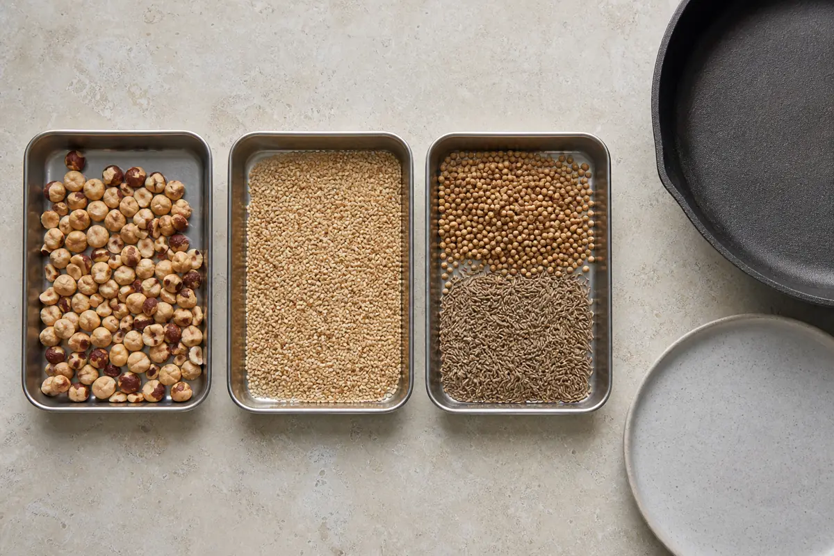 Hazelnuts, golden sesame, and coriander and cumin shown at separate dukkah toasting stages - toasting dukkah | KnowTheSpices