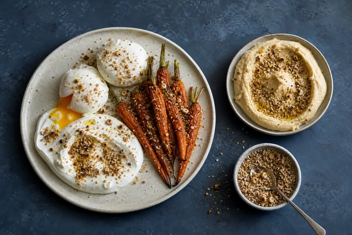Dukkah finishing soft eggs, roasted carrots, yogurt, and hummus - dukkah uses | KnowTheSpices