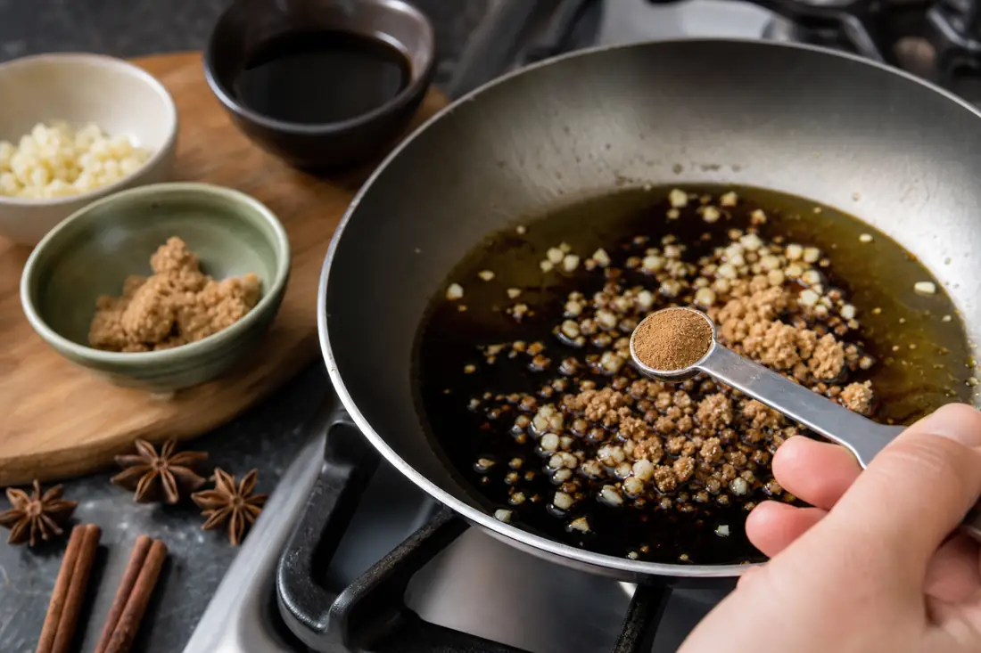 Small measuring spoon of Chinese five spice powder over a soy sauce and garlic glaze in a pan