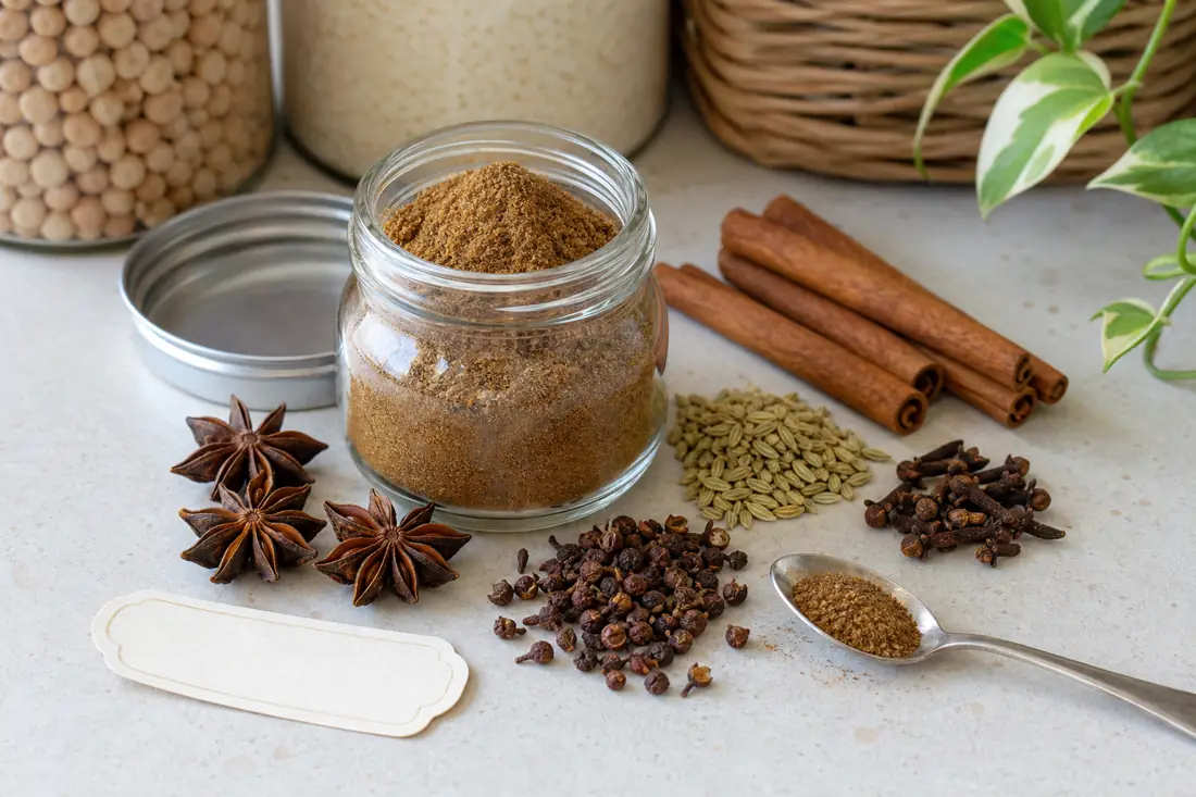 Open jar of Chinese five spice powder with star anise, cinnamon, fennel seed, cloves, and Sichuan peppercorns