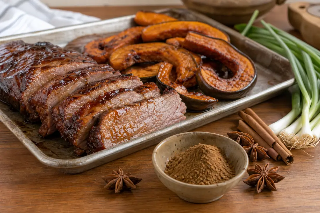 Roasted pork, glazed squash, scallions, star anise, cinnamon, and Chinese five spice powder