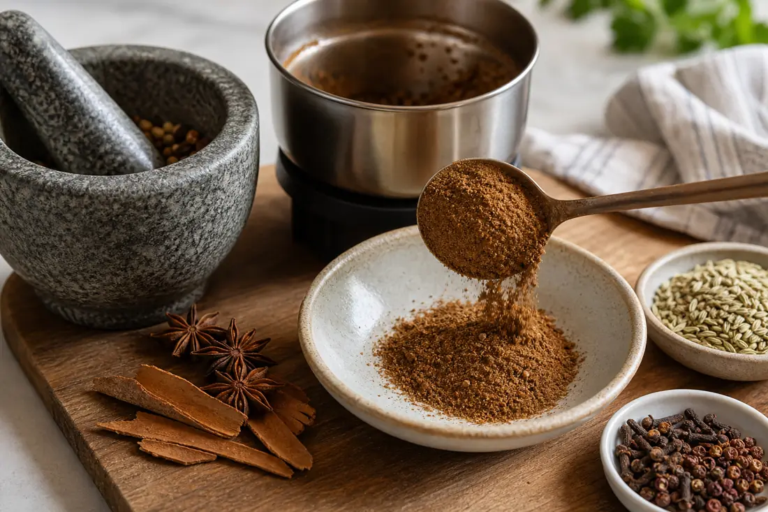 Fresh Chinese five spice powder being spooned into a bowl beside mortar, grinder, star anise, cinnamon, fennel, cloves, and peppercorns
