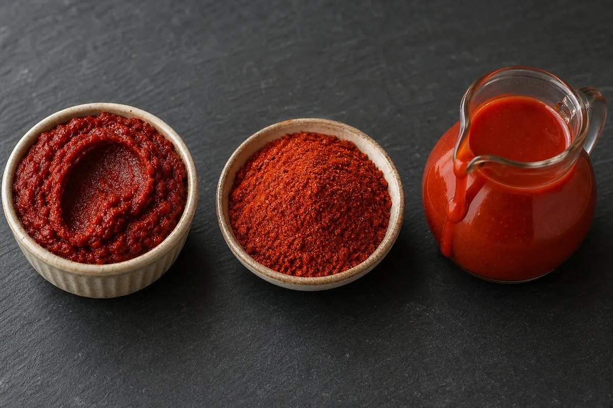 Dense harissa paste, dry harissa powder, and pourable harissa sauce shown side by side - harissa forms | KnowTheSpices
