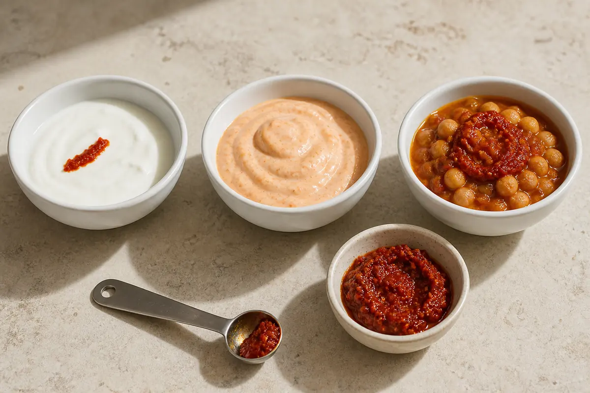 Small measured amounts of harissa paste mixed into yogurt and stew for a heat test - dosing harissa paste | KnowTheSpices