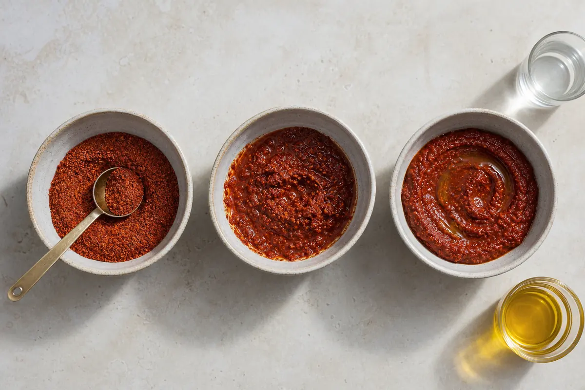 Harissa powder mixed with warm water, rested, and finished with olive oil in three bowls - making harissa paste from powder | KnowTheSpices