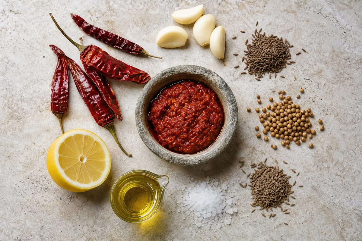Dried red chiles, garlic, caraway, coriander, cumin, oil, and lemon arranged around harissa paste - harissa ingredients | KnowTheSpices