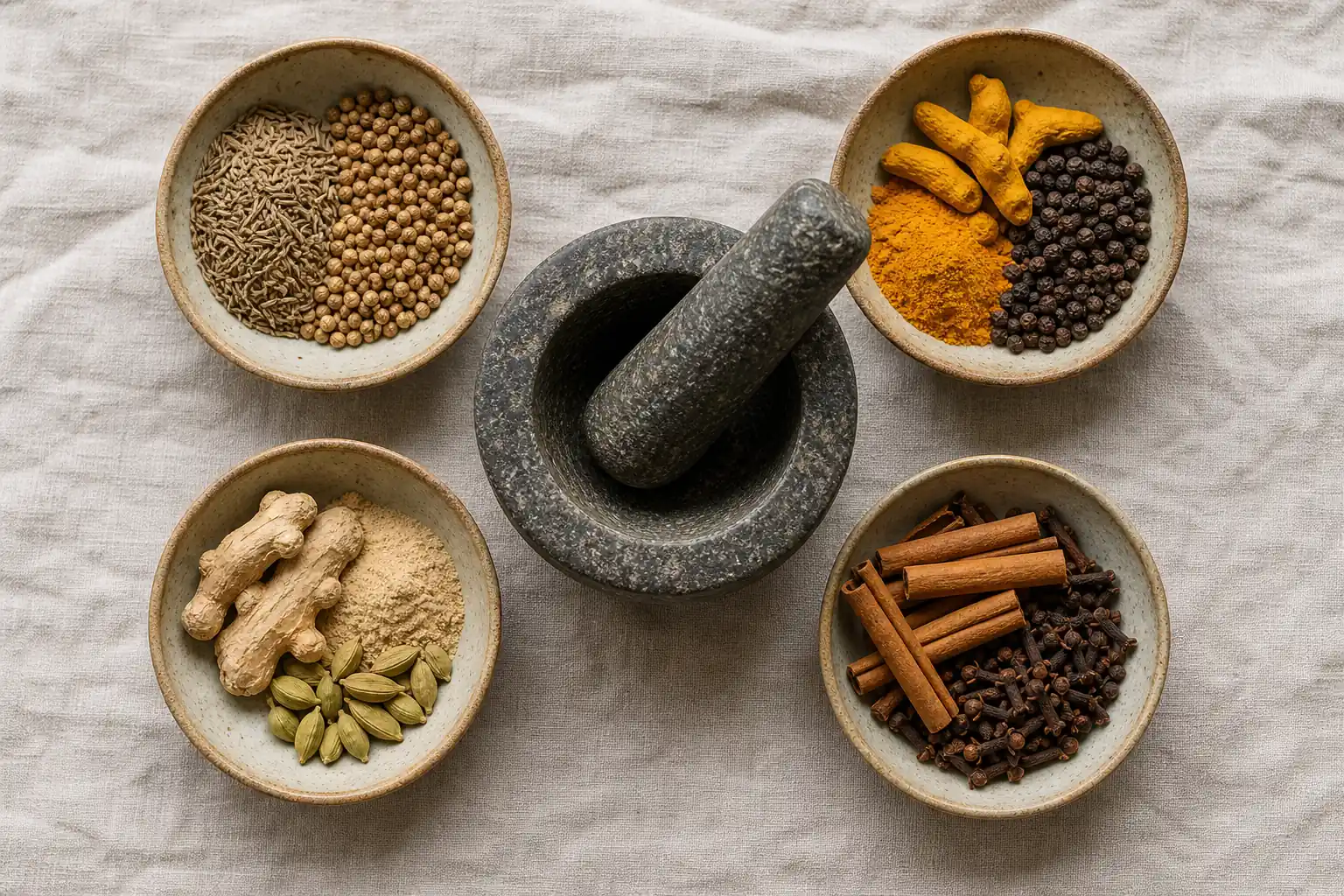 Small bowls of hawaij ingredients grouped by savory and coffee lead notes - hawaij spice blend | KnowTheSpices