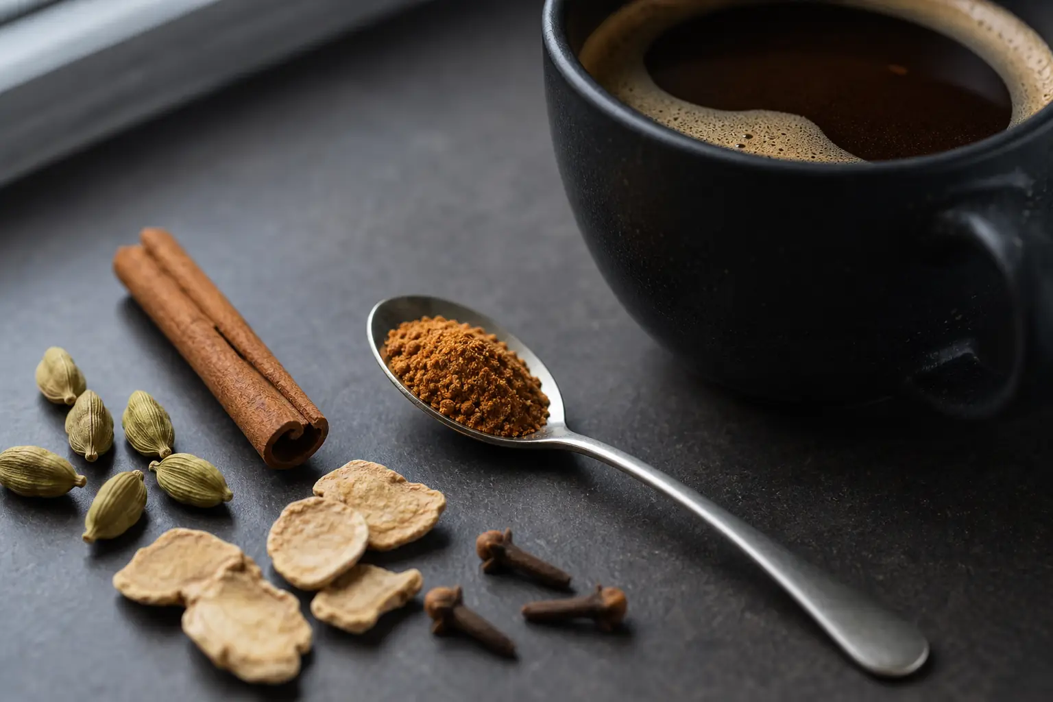 Small measured pinch of coffee hawaij beside coffee, cardamom, cinnamon, ginger, and clove - hawaij spice blend | KnowTheSpices