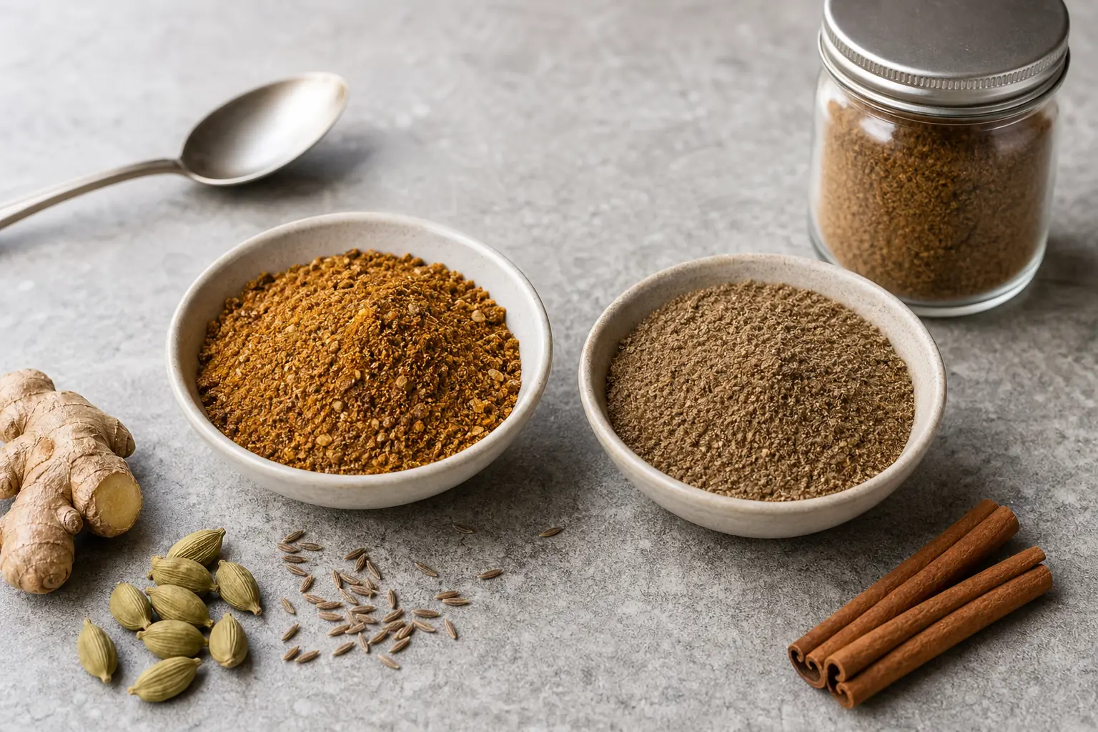 Fresh hawaij beside a dull faded sample with cardamom, cumin, ginger, and cinnamon - hawaij spice blend | KnowTheSpices