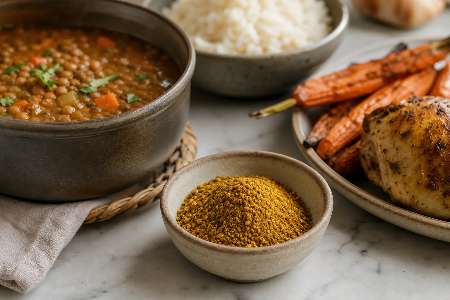 Golden savory hawaij with soup, rice, chicken, and vegetables showing where the blend works - hawaij spice blend | KnowTheSpices