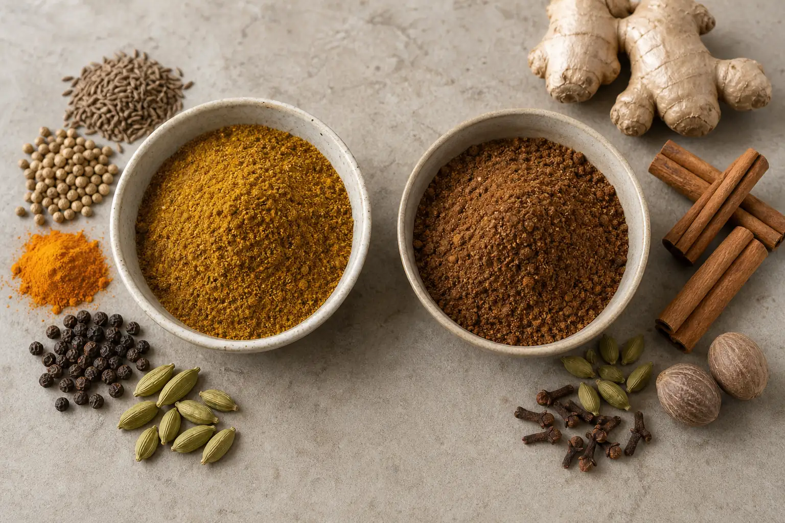 Savory hawaij beside coffee hawaij showing golden turmeric blend and warm sweet spice blend - hawaij spice blend | KnowTheSpices