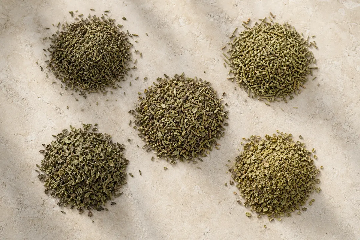 Dried thyme, rosemary, savory, and oregano arranged around Herbes de Provence - core Herbes de Provence ingredients | KnowTheSpices