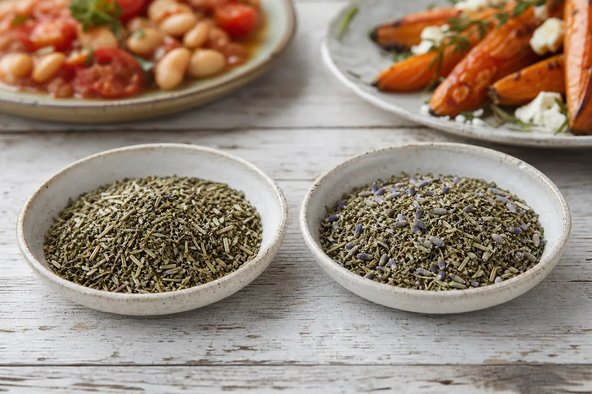 Herbes de Provence without lavender beside a blend containing a few culinary lavender buds - lavender in Herbes de Provence | KnowTheSpices
