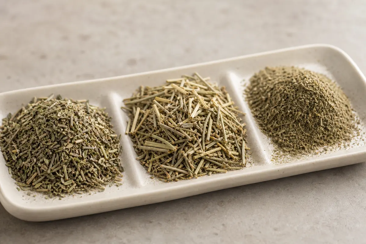 Balanced Herbes de Provence leaves beside a stem-heavy coarse blend and a dusty overground blend - choosing Herbes de Provence | KnowTheSpices