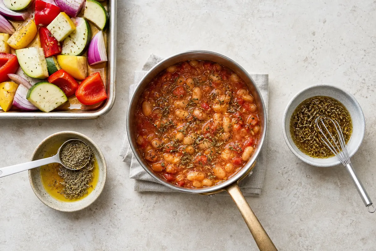 Measured Herbes de Provence mixed into an oiled roast rub, simmering stew, and hydrated vinaigrette - Herbes de Provence timing | KnowTheSpices