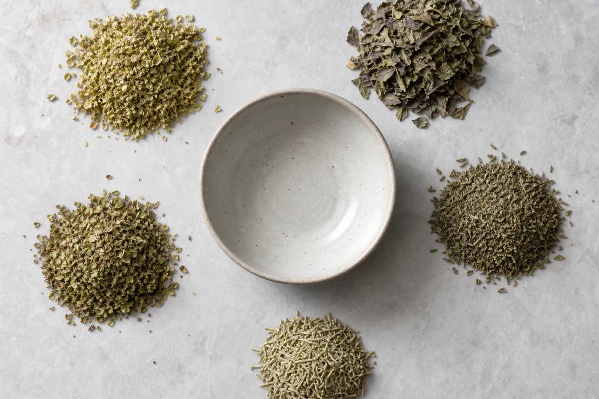 Dried oregano basil thyme marjoram and crushed rosemary arranged around a mixing bowl - Italian seasoning ingredients | KnowTheSpices