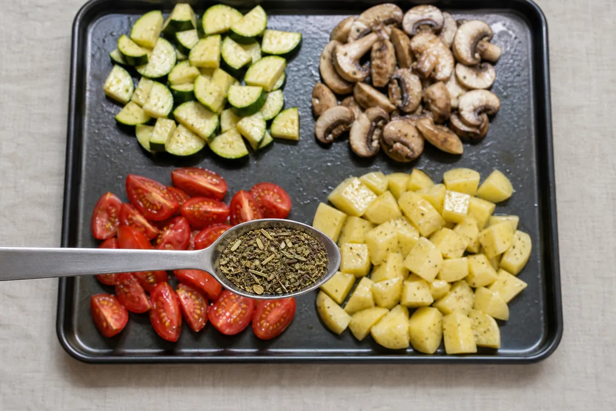 Level teaspoon of dried Italian seasoning beside four portions of prepared vegetables - Italian seasoning amount | KnowTheSpices