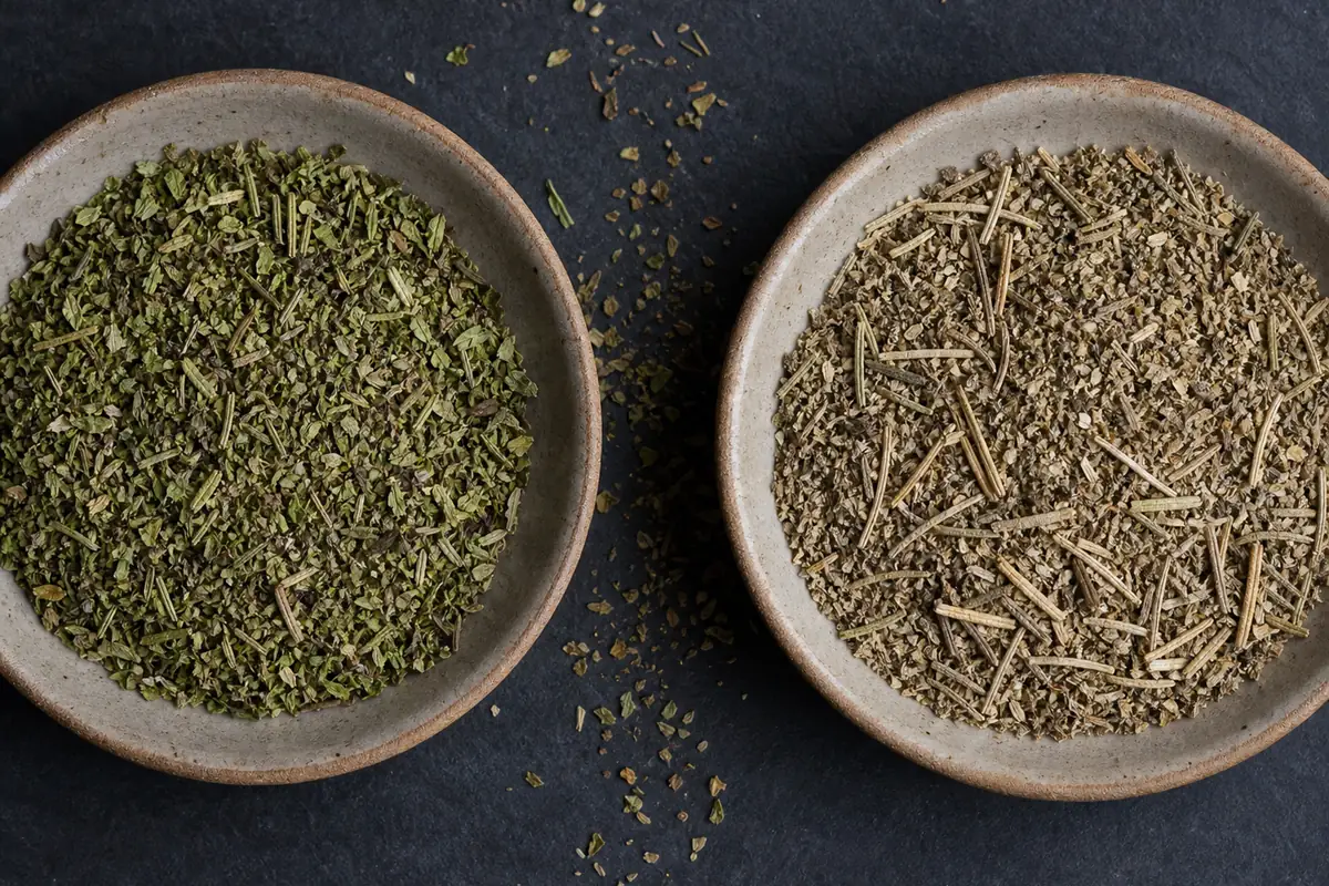 Fresh leafy Italian seasoning beside a faded stem-heavy blend - Italian seasoning freshness | KnowTheSpices