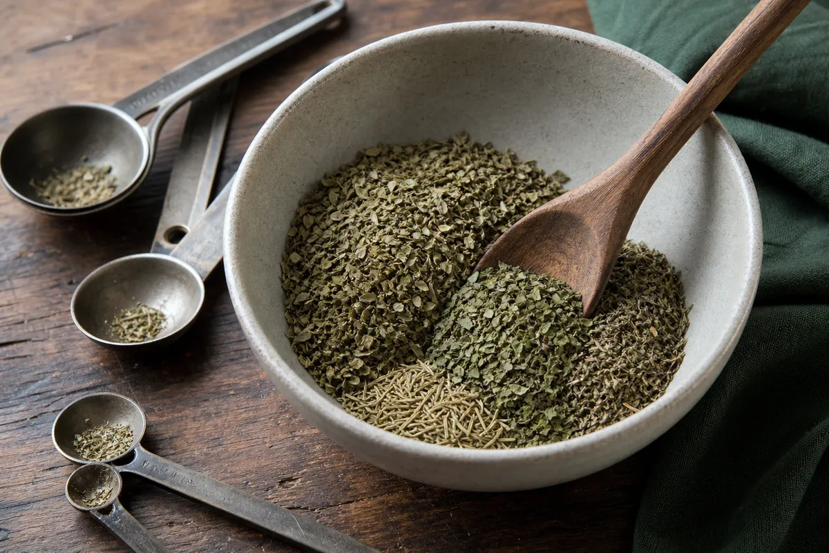 Measured dried herbs being combined in a ceramic bowl - homemade Italian seasoning | KnowTheSpices