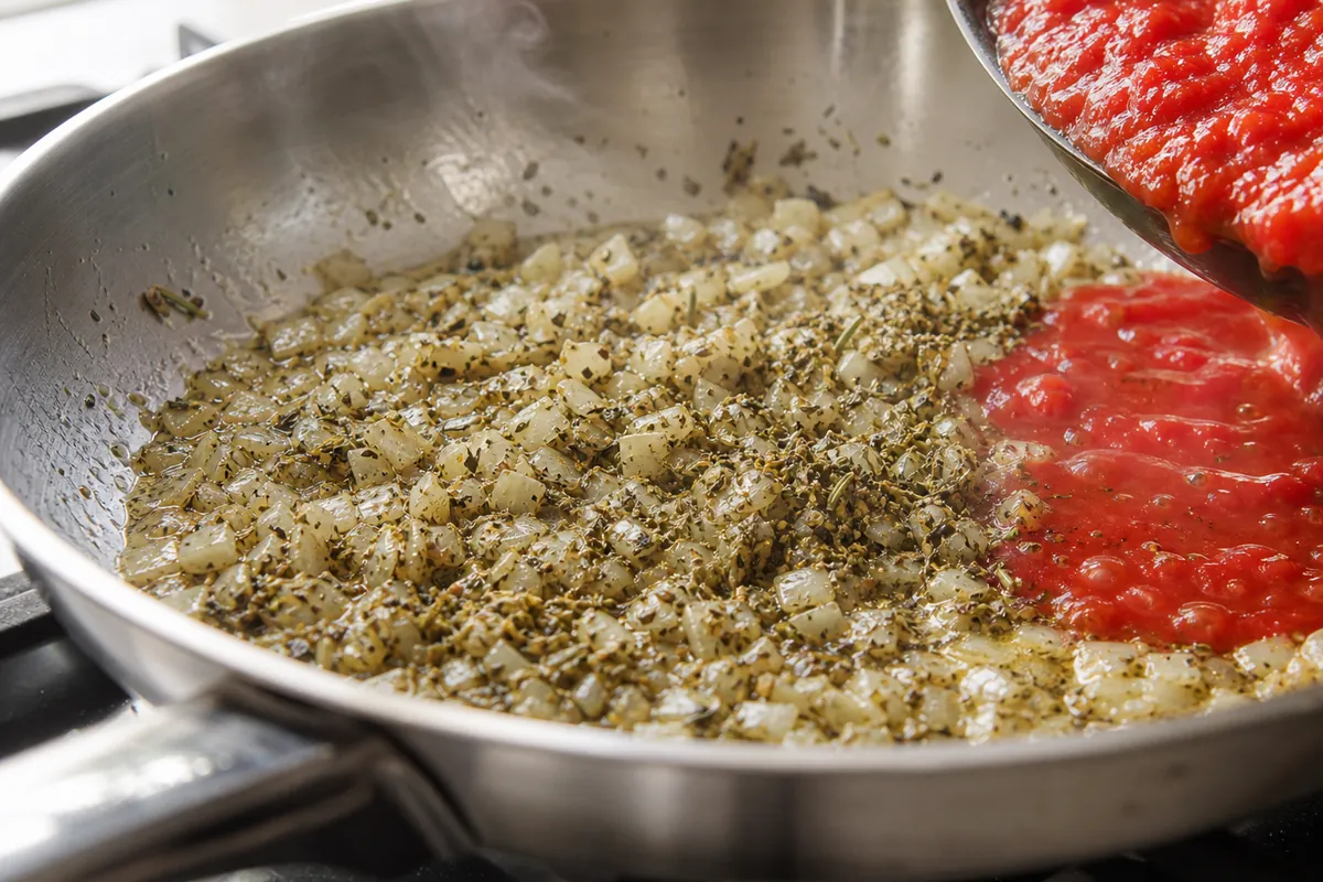 Crushed tomatoes entering a pan of softened onions and dried Italian herbs - when to add Italian seasoning | KnowTheSpices