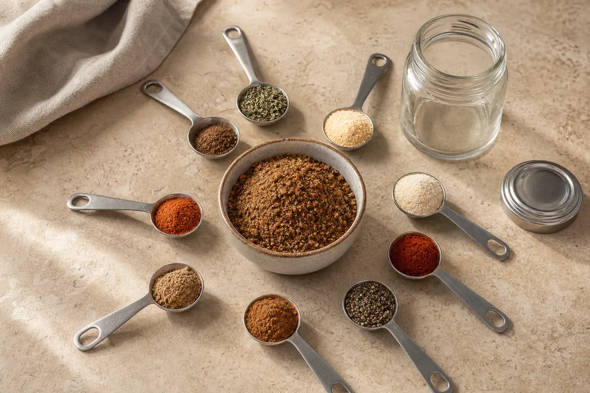 Measured spoons of allspice thyme garlic onion paprika pepper cinnamon nutmeg and cayenne around dry jerk seasoning - homemade jerk seasoning | KnowTheSpices