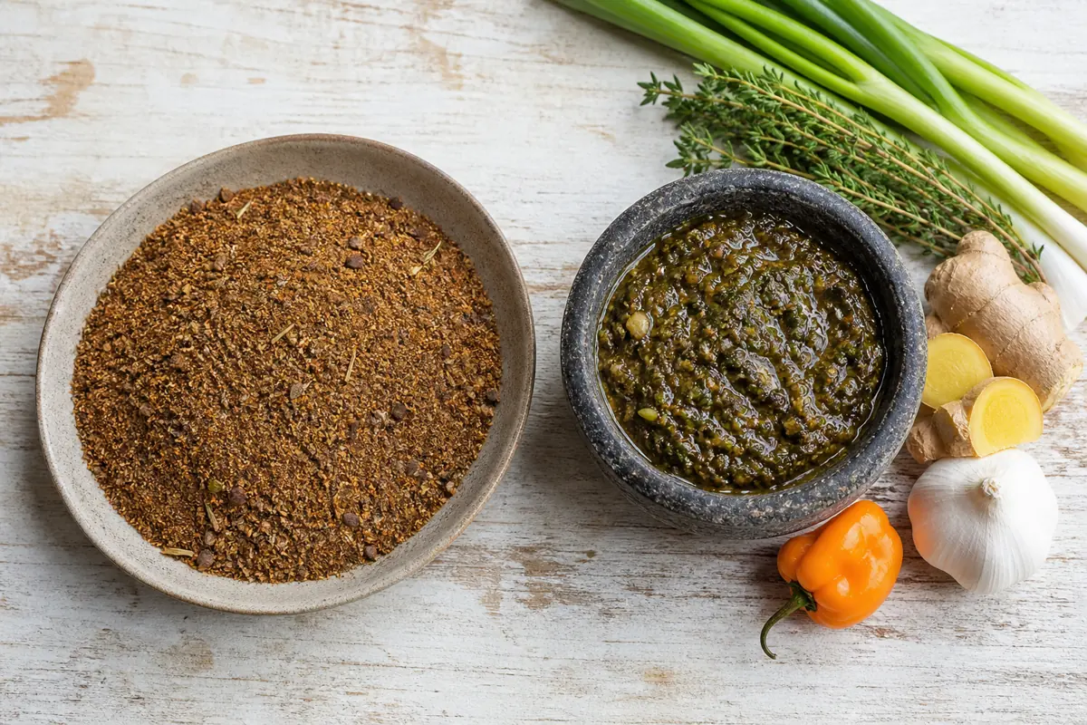 Dry jerk seasoning beside wet jerk paste with Scotch bonnet thyme scallion garlic and ginger - dry versus wet jerk seasoning | KnowTheSpices