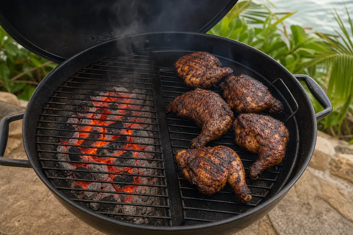 Jerk chicken cooking beside banked charcoal on a two-zone grill - cooking jerk without burning | KnowTheSpices