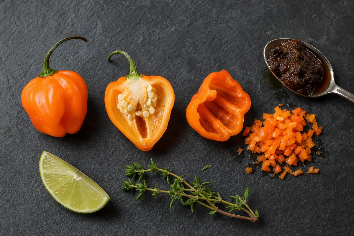 Whole Scotch bonnet beside seeded and deseeded chile pieces for controlling jerk seasoning heat - milder jerk seasoning | KnowTheSpices