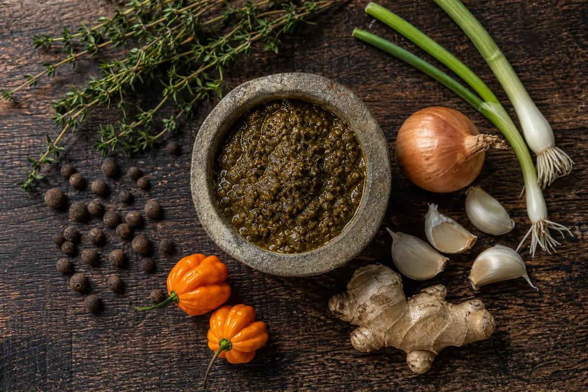Allspice Scotch bonnet thyme scallion onion garlic and ginger around wet jerk paste - jerk seasoning ingredients | KnowTheSpices